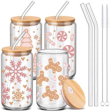 Imagem de SiliFine 4 peças de copos de vidro de Natal com tampas e canudos 473 ml Copos de café gelado de Natal em forma de lata copo para presente de agradecimento de Natal, lembrancinhas de festa de