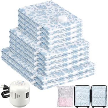 Imagem de Pacote com 10 sacos de armazenamento a vácuo de viagem com bomba elétrica, 2 grandes + 4 médios + 4 pequenos sacos seladores a vácuo, 80% sacos economizadores de espaço para bagagem, edredons e
