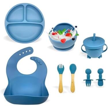 Imagem de MiniNutri™ Kit Introdução Alimentar Infantil 8 Peças Silicone Atóxico – Seguro, Prático e Livre de BPA - LINHA PREMIUM (Azul)