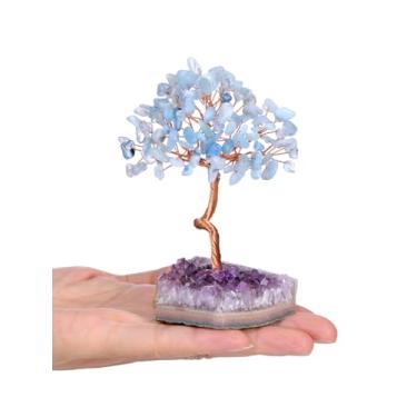 Imagem de GEHECRST Árvore de cristais de água-marinha, mini pedras de cristal curativo, árvores com base de aglomerado de ametista crua natural, árvore de vida feita à mão, Feng Shui, boa sorte, presentes para