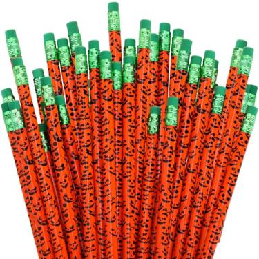 Imagem de AmazingSpark 24 lápis de abóbora de Dia das Bruxas Jack O Lantern com borracha verde caneta de doces ou travessuras em massa para Halloween, papelaria, presente, festa, professor, sala de aula, prêmio