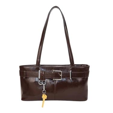 Imagem de Base'ic Bolsa de ombro feminina de couro vegano com detalhe de cinto e pingente de chave – Bolsa de mão média para uso diário, trabalho e viagens, Marrom escuro