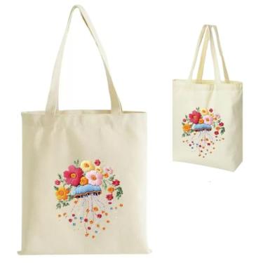 Imagem de Kit de sacola de bordado para iniciantes, sacola de compras de lona bordada à mão com aro, fio dental e acessórios, presente ecológico reutilizável para mulheres e adultos (água-viva, branca)