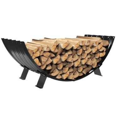 Imagem de VAMFUTRE Suporte redondo para lenha de folha de metal por lareira interna/ao lado de fogueira externa - com pernas de metal, à prova de ferrugem, durável e elegante suporte de lenha (setor, 101,6 cm