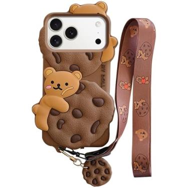 Imagem de SGVAHY Capa para iPhone 17 Pro Max com cordão de alça chaveiro fofo biscoito de urso kawaii engraçado capa protetora à prova de choque de silicone macio para mulheres e meninas
