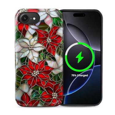 Imagem de casesok Capa para iPhone 16e, compatível com MagSafe, capa rígida de camada dupla + capa de silicone, proteção total à prova de choque para iPhone 16e-Christmas Poinsétia vitral
