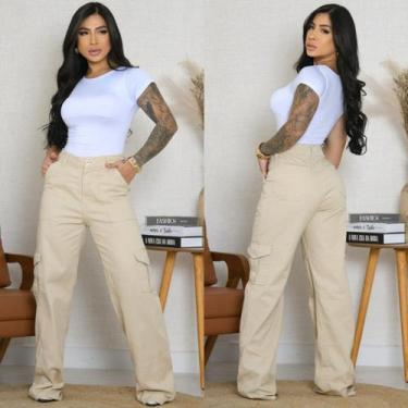 Imagem de Calça Jeans Feminina Wide Leg Cargo Bege Casual - SELLER PRIMIUM, Bege