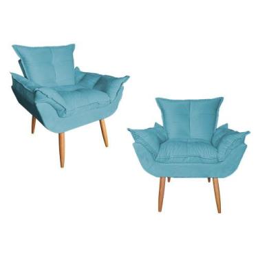 Imagem de Kit 02 Poltrona Opala Sala De Estar Pés Palito Suede Azul Turquesa - H