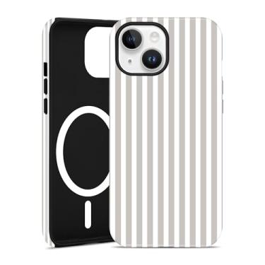 Imagem de Jusy Capa de telefone listrada compatível com MagSafe para iPhone 13/14, linda estética magnética macia TPU e capa protetora de policarbonato rígido para mulheres e meninas (fosco) - branco antigo