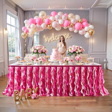 Imagem de Wish Care Saia de mesa de lantejoulas rosa de 6,4 m para mesas retangulares com glitter cacheado salgueiro fúcsia saia tutu toalha de mesa saia de mesa para princesas meninas aniversário chá de bebê