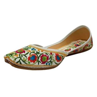 Imagem de Stop n Style Punjabi Jutti sapato feminino Mojari branco floral multicolorido casual festa casamento sem cadarço, Branco multi, 40