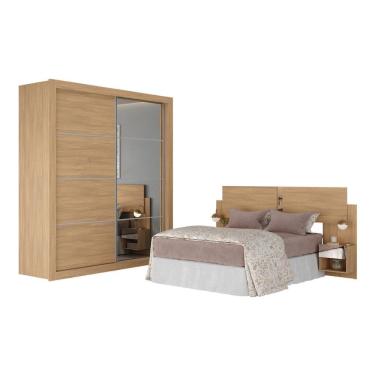 Imagem de Guarda Roupas Casal E Cabeceira Com 2 Mesas De Cabeceira E Espelhos Multimóveis MP4328 Madeirado