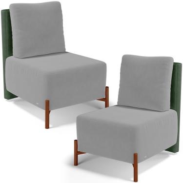 Imagem de Kit 02 Poltronas Decorativas Sala De Estar Living Pés Madeira Hungria L02 Couríssimo Verde Suede Cinza - Lyam