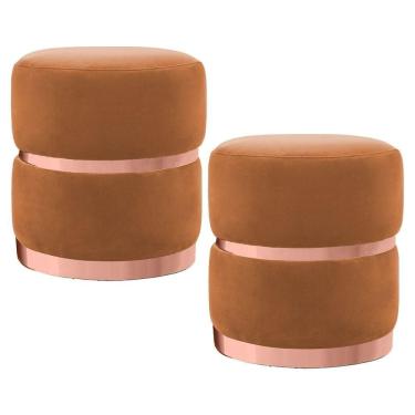 Imagem de Kit 2 Puffs Decorativos Com Cinto E Aro Rosê Round C-262 Veludo Laranja - Domi