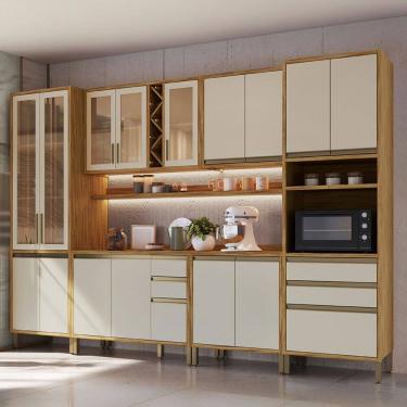 Imagem de Armário de Cozinha com Balcão e Tampo 16 Portas 5 Gavetas Pérola 100% Mdf Vidro Reflecta Amêndoa/Off White - Pnr Móveis