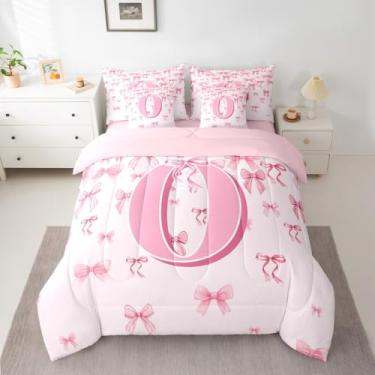 Imagem de jejeloiu Conjunto de edredom com laço rosa para meninas, 7 peças, solteiro, com laço fofo, para crianças, meninos, meninas, monograma, para decoração de quarto, laços coquetes, respirável, microfibra