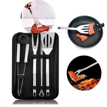 Imagem de Kit Churrasco Espetos Garfo Espátula e Pegador 7 Peças - Genérica