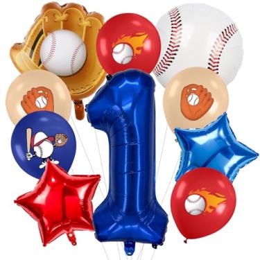 Imagem de Zailo Número de balões grandes com tema de beisebol de 81 cm, números de 0 a 9, suprimentos para aniversários, azul marinho, vermelho e branco, artigos de festa esportiva, conjunto de arco decorativo