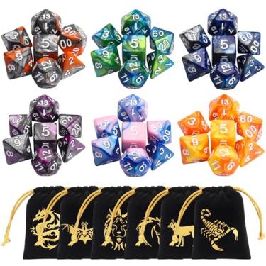 Imagem de CiaraQ DND Polyhedral Dice Set (42pcs) with 6 Drawstring Pouches for Dungeons and Dragons RPG MTG Table Games. 6 X 7 Double-Colors Dice Sets (D4 D6 D8 D10 D% D12 D20)