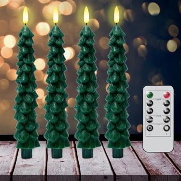 Imagem de Velas de árvore de Natal sem chamas operadas por bateria com controle remoto, conjunto de 4 castiçais cônicos de LED de cera real com pavio cintilante 3D para decoração de Natal, decoração de casa