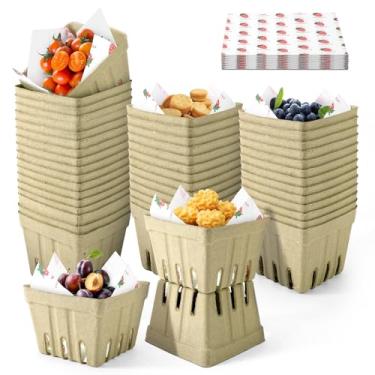 Imagem de Cesta de frutas silvestres de fibra de polpa natural com 50 folhas de papel encerado, cestas de produtos ventiladas moldadas para morango, mirtilo, vegetais e lanches, para colheita de frutas, mercado