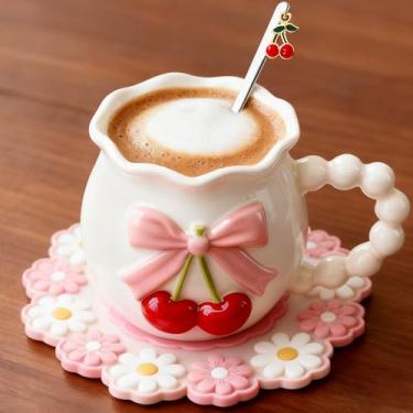 Imagem de Disoza Caneca de café de cereja com laço branco de 326 g Coquete Porcelana Xícara de chá de café de cerâmica Caneca fofa caneca personalizada para mulheres e meninas