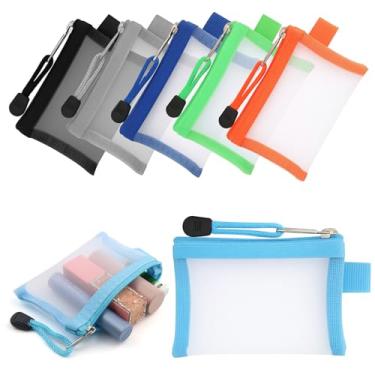 Imagem de LUSTRIB Pacote com 6 mini bolsas de malha com zíper, 7 x 11 cm, bolsa portátil de nylon com zíper, organizador de viagem para cosméticos, batom, moeda, porta-chaves, 6 cores