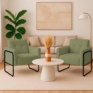 Imagem de Poltrona Sala Industrial Alta Tubo Preto Kit 2 Elisa Bouclê D03 - D`rossi Cor Pistache