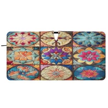 Imagem de Blueangle Para-brisa de azulejo têxtil oriental colorido - 149.9 cm x 76.2 cm dobrável carro janela frontal blocos para-sol raios UV viseira de sol (455)