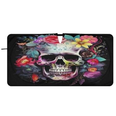 Imagem de Blueangle Para-brisa de caveira de flor - 149.9 cm x 76.2 cm dobrável carro janela dianteira para-sol blocos raios UV viseira de sol (683)