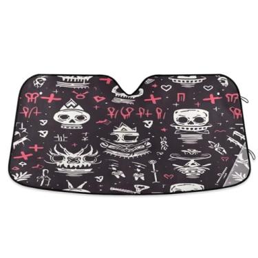 Imagem de ATTX Pára-brisas de carro padrão de caveira colorida 139.7 cm x 70.1 cm escudo solar universal com proteção UV, persiana de janela frontal automática dobrável para caminhões Sedans SUVs #403