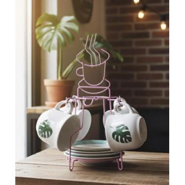 Imagem de Suporte Porta Xicaras de Café e Pires Material Aramado - JW SHOP, Rosa