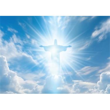 Imagem de XMJJKUF Fundo fotográfico de Jesus Cristo, 3 x 2,4 m, Jesus nas nuvens no céu, decoração de eventos, igreja, sexta-feira, banner, decoração de banner, adereços de cabine de fotos