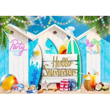 Imagem de XMJJKUF Hello Summer Photography Background 3 x 2,4 m Prancha de surf à beira-mar pano de fundo grande praia havaiana Aloha Luau faixa de festa de aniversário decoração de cabine de fotos adereços