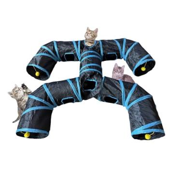 Imagem de Bigladious Foldable H-Shaped Cat Tunnel Toy with Interactive Playing Balls - 4 Exits for Cats, Kittens, Rabbits & Small Pets Collapsible Play Tube for Indoor Fun & Exercise (Blue Black)