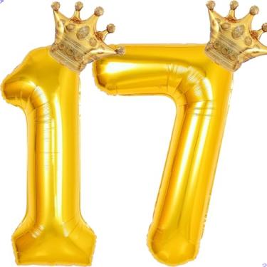 Imagem de 17 balões com números dourados de 101,6 cm para decorações de aniversário de 17 anos para meninas e meninos, balões gigantes de Mylar de 17 anos