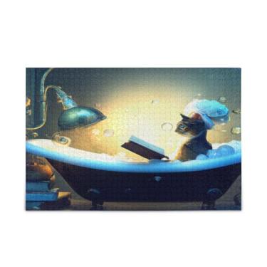 Imagem de JUZIHAI Quebra-cabeças de banho de leitura de gatos para adultos, 1000 peças, grande, de madeira, jogos desafiadores para crianças e adultos