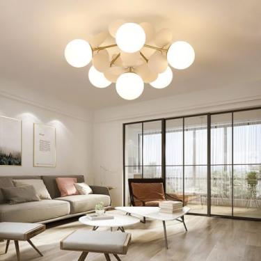 Imagem de Lustre Sputnik com 8 Globos de Vidro G9, Acabamento Dourado Fosco, Estilo Meados do Século XX, Luminária de Teto Ajustável, Pendente Vintage para Sala de Jantar, Cozinha, Quarto e Casa de Ca