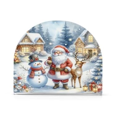 Imagem de JUZIHAI Suporte de guardanapo para mesa, dispensador de guardanapo de acrílico de paisagem de neve de Natal, suporte de lenços independente de mesa para cozinha, jantar, bar, festa, decoração de casa