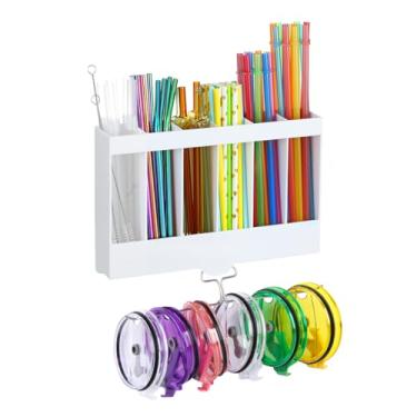 Imagem de Suporte de canudo acrílico de 25 cm para porta de armário com organizador de tampa de copo, armazenamento de canudo grande com suporte de tampa de copo reutilizável e pegajoso lavável, organizador de