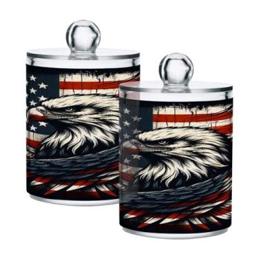 Imagem de Qilmy Pacote com 2 suportes com estampa de bandeira de águia, frascos de boticário de 400 ml, vasilha organizadora de banheiro para cotonetes, bolas de algodão, almofadas de maquiagem, fio dental