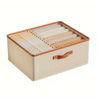 Imagem de Caixa Organizadora Dobrável com Divisórias | Estrutura Reforçada em Aço | Organizador Empilhável em TNT para Closet e Guarda-Roupa (1,Bege)