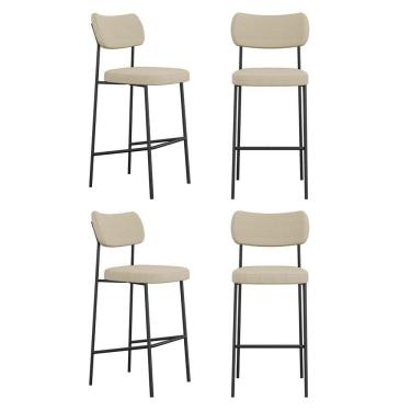 Imagem de Kit 04 Banquetas Altas Para Cozinha Lila Estofada Com Encosto Linho Bege - Desk Design