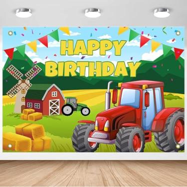 Imagem de Pano de fundo de fazenda feliz aniversário para crianças, tema de trator de grama verde, decoração de festa de aniversário, tema de animais de fazenda, suprimentos de decoração, 1,5 x 1 m