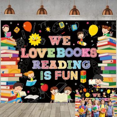 Imagem de Pano de fundo para o Dia Mundial do Livro Feliz Dia de Leitura We Love Books Reading is Fun Photography Background Kids Students Classroom Elementary Library Decorações Banner Supplies (Preto, 208 x