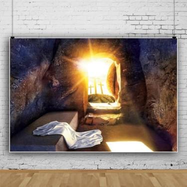 Imagem de Pano de fundo para túmulos de Páscoa, luz sagrada, cruz, ressurreição de Jesus, pano de fundo para fundos religiosos, igreja de Páscoa, eventos de estúdio fotográfico, adereços de vinil 2,4 x 1,8 m