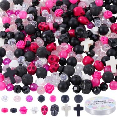 Imagem de SUNNYCLUE 358 peças de contas de caveira góticas Halloween contas rosa flor resina pingentes turquesa sintética pedra preta vulcânica natural espaçadores soltos para kits de fabricação de joias