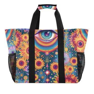 Imagem de ODAWA Bolsa de praia durável e resistente à água para homens, bolsa dobrável reutilizável para viagens, flores retrô coloridas psicodélicas, Flores retrô coloridas psicodélicas, One Size