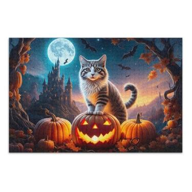 Imagem de Quebra-cabeça gato abóbora castelo lua para adultos 1000 peças presentes para elefante branco jogo quebra-cabeça duro para adultos arte floral animal, 75 x 40 centímetros