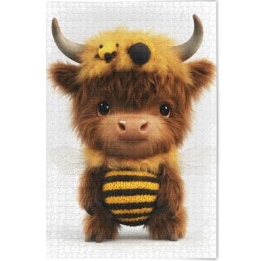 Imagem de Engraçado Highland Cow Honey Bee Quebra-cabeça personalizado 1000 peças para adultos, presentes de elefante branco, quebra-cabeças engraçados da natureza, pintura de arte animal, 75 x 50 cm